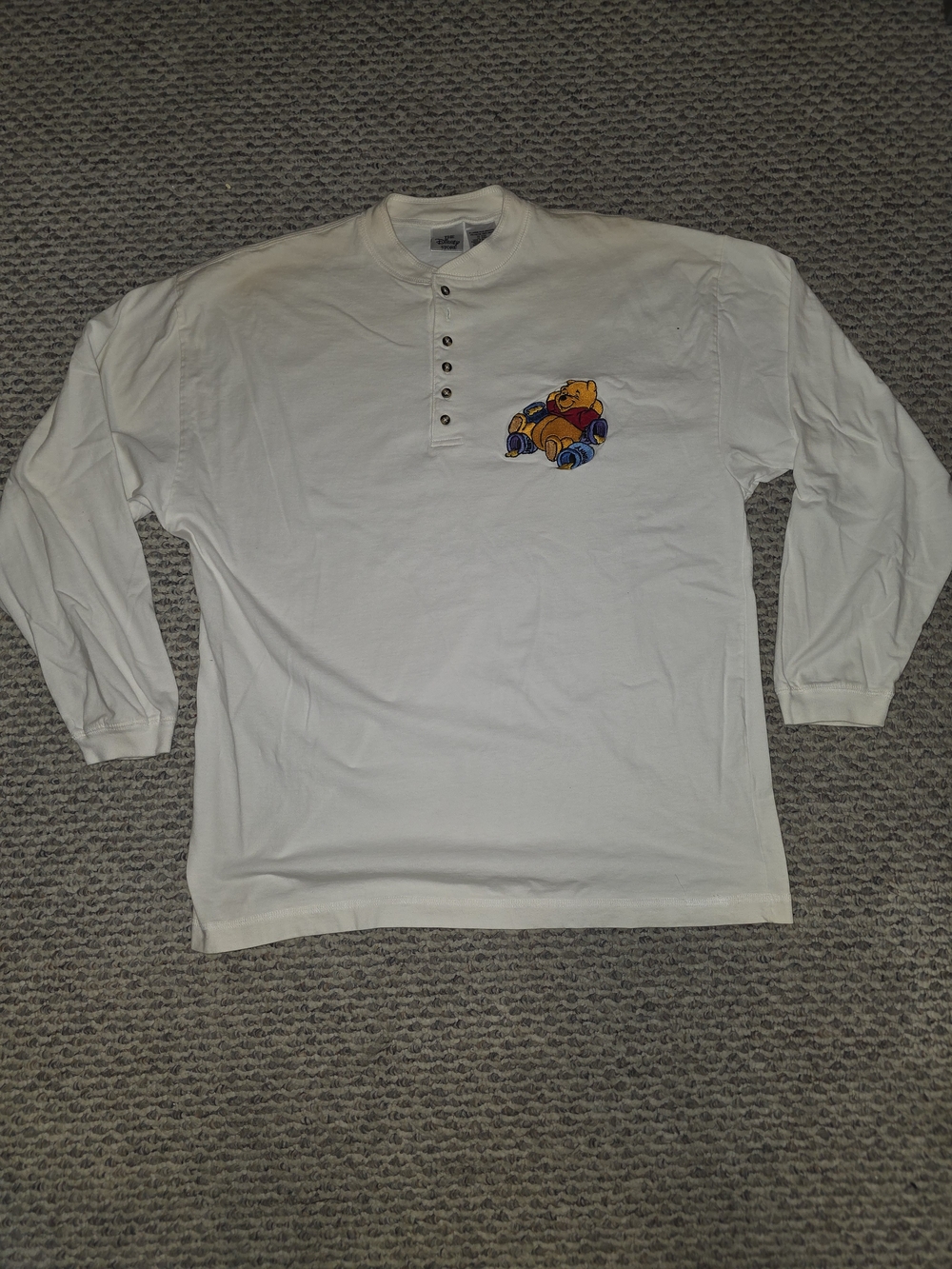 Disney White Long-Sleeve Henley with Colorful Bear Patch Nees Wash